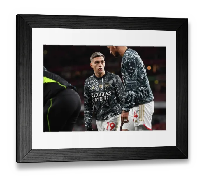 Framed Print : Arsenal Players Leandro Trossard and Ben White Prepare for Arsenal v West Ham United (2023-24) Framed Print : Arsenal Players Leandro Trossard and Ben White Prepare for Arsenal v West Ham United (2023-24)
