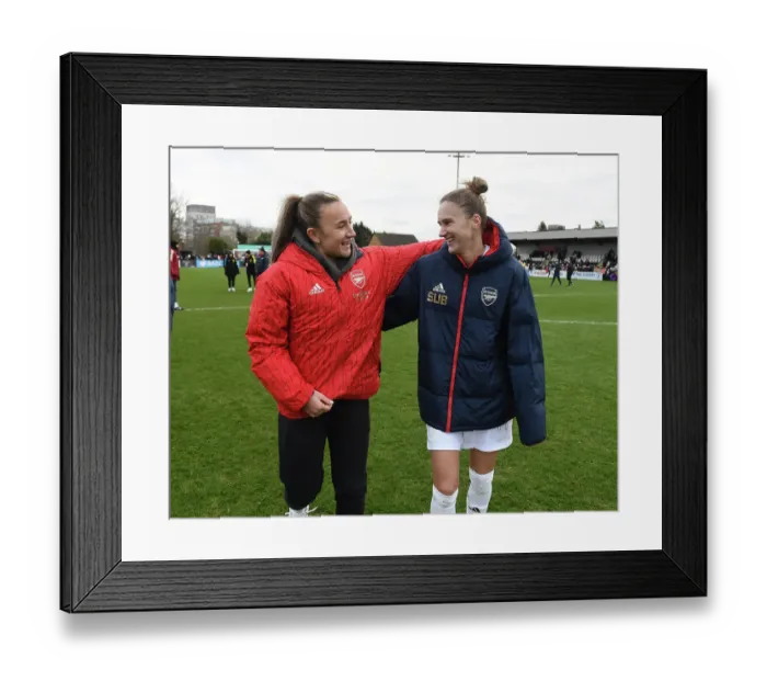 Framed Print : Arsenal Women's Vivianne Miedema and Teyah Goldie Celebrate Post-Match Embrace after FA Cup Victory over Watford Women Framed Print : Arsenal Women's Vivianne Miedema and Teyah Goldie Celebrate Post-Match Embrace after FA Cup Victory over Watford Women