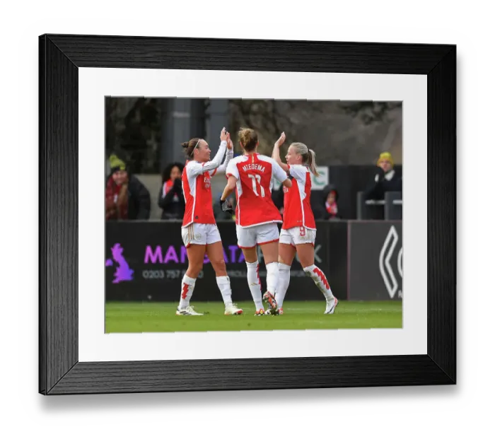 Framed Print : Arsenal Women's Super League: Triumphant Celebration as Mead, Foord, and Miedema Score Against Everton Framed Print : Arsenal Women's Super League: Triumphant Celebration as Mead, Foord, and Miedema Score Against Everton