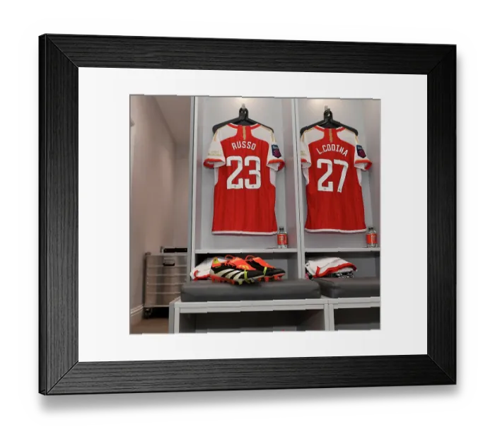 Framed Print : Arsenal's Alessia Russo Unveils New Adidas Boots in Meadow Park Changing Room Ahead of Arsenal Women vs Everton Women (Barclays WSL, 2023-24)