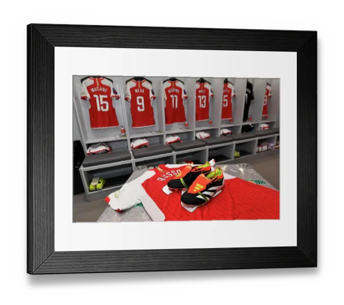 Framed Print : Arsenal's Alessia Russo Unveils New Adidas Boots in Arsenal Changing Room Ahead of Arsenal vs Everton (2023-24 Women's Super League)