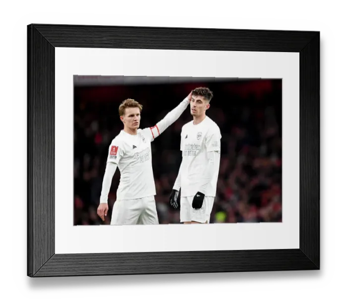 Framed Print : Arsenal's White Out: Uniting Against Knife Crime - Arsenal vs. Liverpool FA Cup Match, 2023-24: Martin Odegaard and Kai Havertz's Interaction Amidst All-White Kits for No More Red Campaign