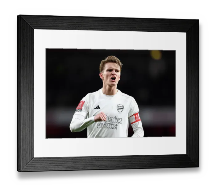 Framed Print : Arsenal's Odegaard Reacts in All-White: Uniting Against Knife Crime in FA Cup Clash vs. Liverpool Framed Print : Arsenal's Odegaard Reacts in All-White: Uniting Against Knife Crime in FA Cup Clash vs. Liverpool