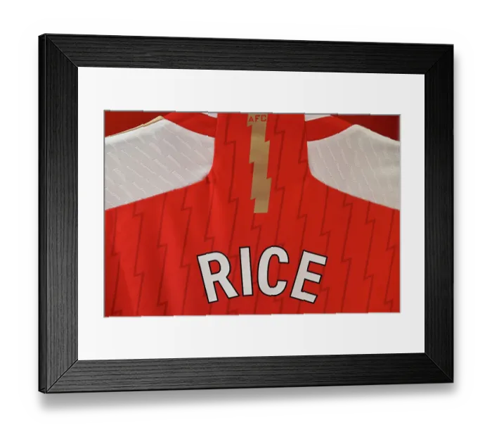 Framed Print : Arsenal FC: Pre-Match Focus - Declan Rice's Shirt in the Arsenal Dressing Room (2023-24)