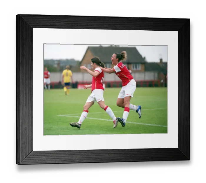 Framed Print : Karen Carney celebrates scoring arsenals 2nd goal with Lianne Sanderson