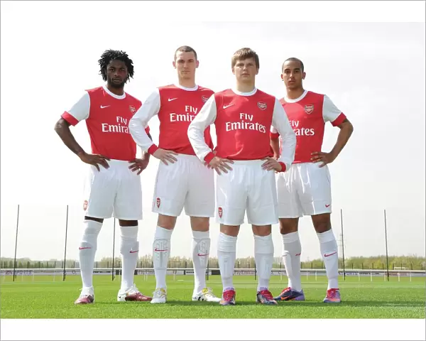 Thomas Vermaelen, Andrey Arshavin, Theo Walcott and Alex Song (Arsenal) in the new Arsenal home kit