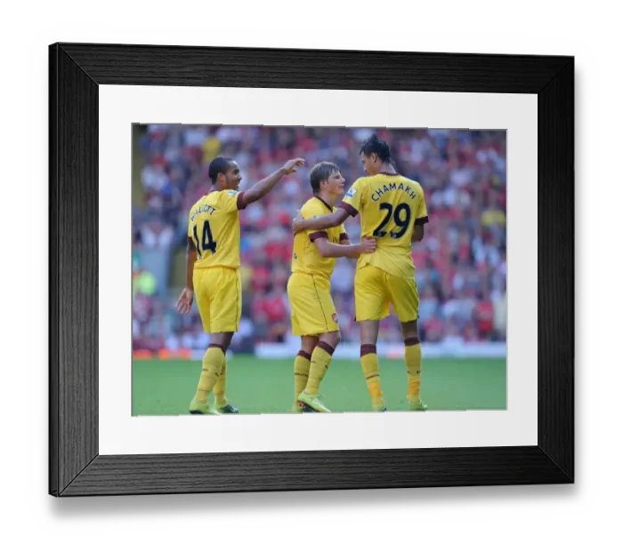 Framed Print : Marouane Chamakh, Andrey Arshavin and Theo Walcott celebrate the Arsenal goal