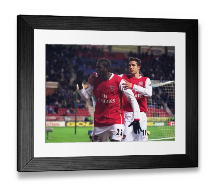 Framed Print : Emmanuel Adebayor celebrates scoring Arsenals goal with Robin van Persie