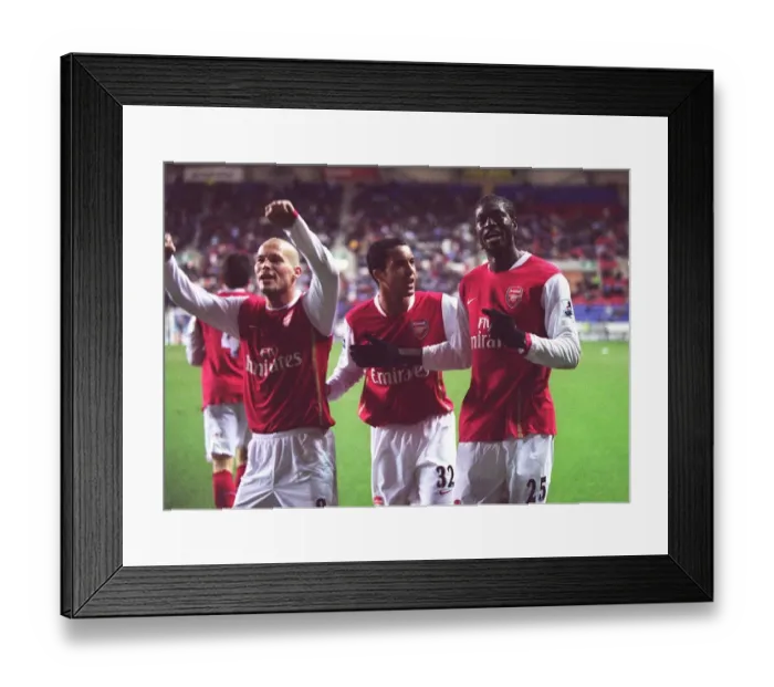 Framed Print : Emmanuel Adebayor celebrates scoring Arsenals goal with Theo Walcott Framed Print : Emmanuel Adebayor celebrates scoring Arsenals goal with Theo Walcott