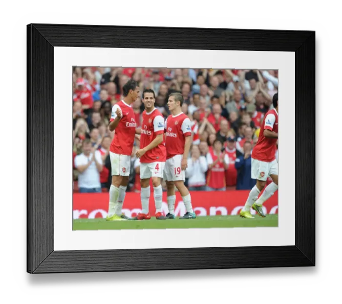 Framed Print : Marouane Chamakh celebrates scoring the 6th Arsenal goal with Cesc Fabregas Framed Print : Marouane Chamakh celebrates scoring the 6th Arsenal goal with Cesc Fabregas