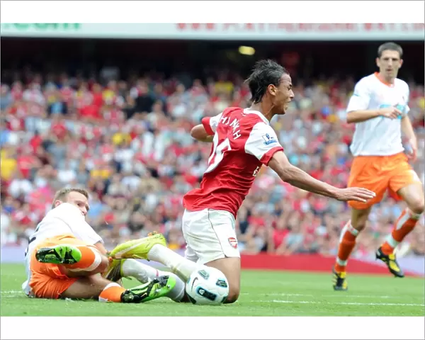 Marouane Chamakh is tripped by Blackpool defender Ian Evatt for the Arsenal penalty