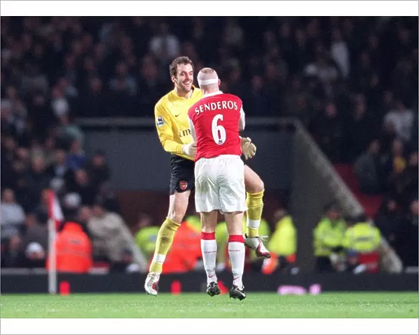 Manuel Almunia and Philippe Senderos celebrate Arsenals 3rd scored by goal by Tomas Rosicky