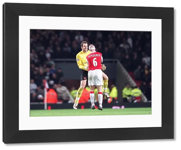 Manuel Almunia and Philippe Senderos celebrate Arsenals 3rd scored by goal by Tomas Rosicky