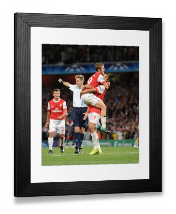 Framed Print : Marouane Chamakh celebrates scoring the 3rd Arsenal goal with Jack Wilshere