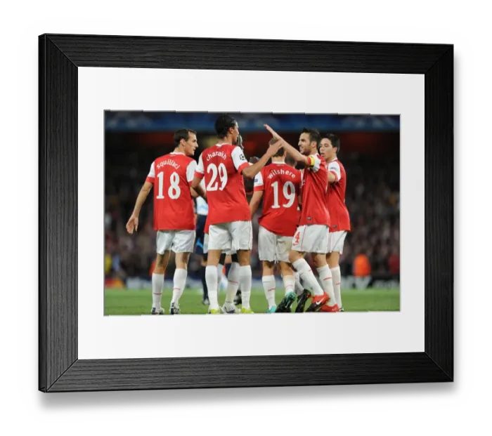 Framed Print : Arsenal's Unstoppable Onslaught: Chamakh's Hat-Trick Celebration with Wilshere, Fabregas, Nasri, Sagna, and Squillaci (6-0 vs. SC Braga, Champions League)