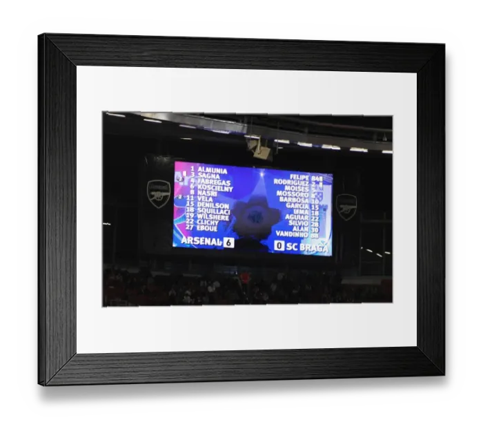 Framed Print : The scoreboard shows the final score. Arsenal 6: 0 SC Braga, UEFA Champions League Framed Print : The scoreboard shows the final score. Arsenal 6: 0 SC Braga, UEFA Champions League