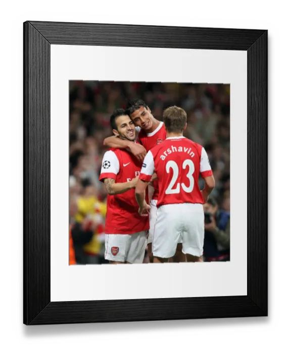 Framed Print : Cesc Fabregas celebrates scoring Arsenal and his 1st goal with Marouane Chamakh