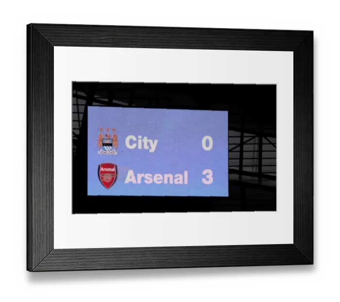 Framed Print : The scorboard at Eastlands. Manchester City 0: 3 Arsenal, Barclays Premier League