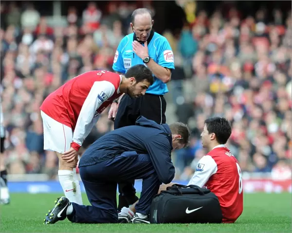 Samir Nasri (Arsenal) is treated by physio Colin Lewin as Cesc Fabregas