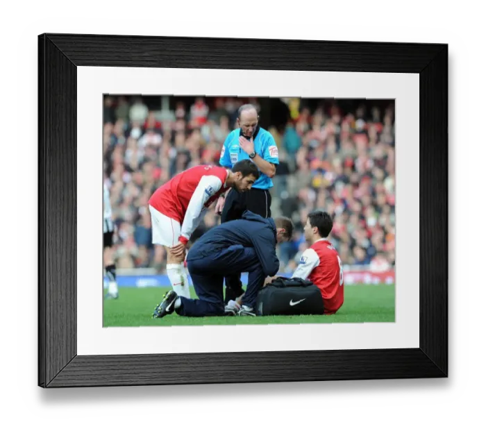 Framed Print : Samir Nasri (Arsenal) is treated by physio Colin Lewin as Cesc Fabregas