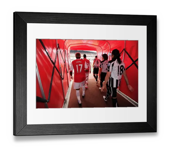 Framed Print : Alex Song (Arsenal) and Fabricio Coloccini (Newcastle) walk out of the players tunnel