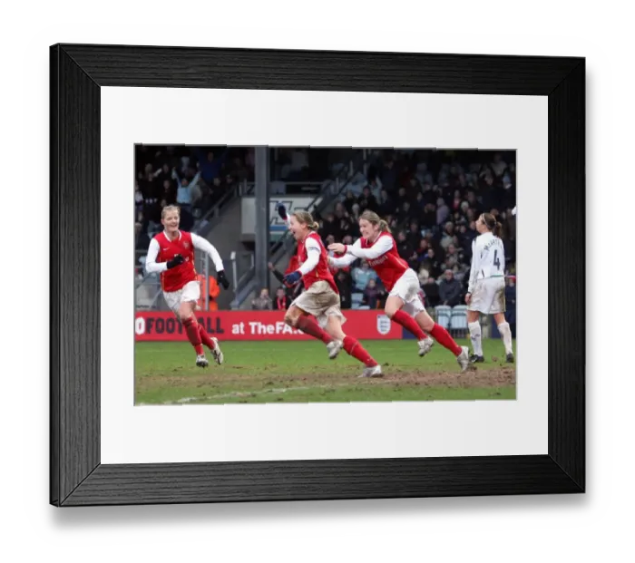 Framed Print : Jayne Ludlow celebrates scoring Arsenals goal with Ciara Grant and Katie Chapman Framed Print : Jayne Ludlow celebrates scoring Arsenals goal with Ciara Grant and Katie Chapman