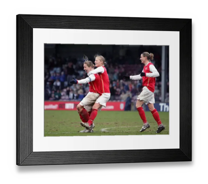 Framed Print : Arsenal Ladies Triumph: Jayne Ludlow, Katie Chapman, and Kelly Smith Celebrate League Cup Final Goal