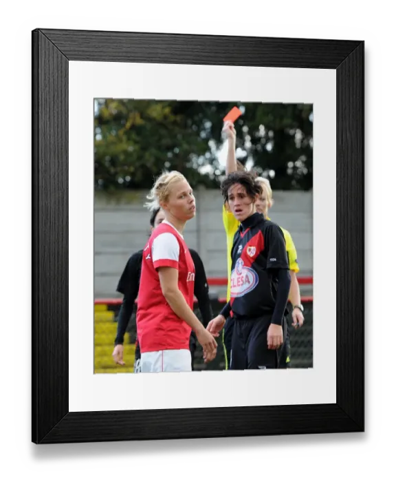 Framed Print : Gilly Flaherty (Arsenal) is shown the Red Card. Arsenal Ladies 4: 1 Rayo Vallecano Framed Print : Gilly Flaherty (Arsenal) is shown the Red Card. Arsenal Ladies 4: 1 Rayo Vallecano