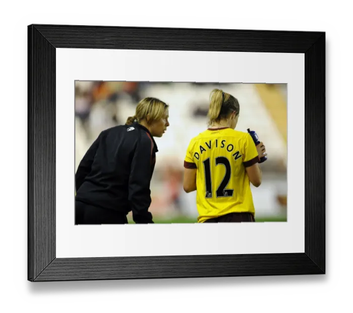 Framed Print : Rehanne Skinner chats to Gemma Davison (Arsenal). Rayo Vallecano 2: 0 Arsenal Ladies Framed Print : Rehanne Skinner chats to Gemma Davison (Arsenal). Rayo Vallecano 2: 0 Arsenal Ladies