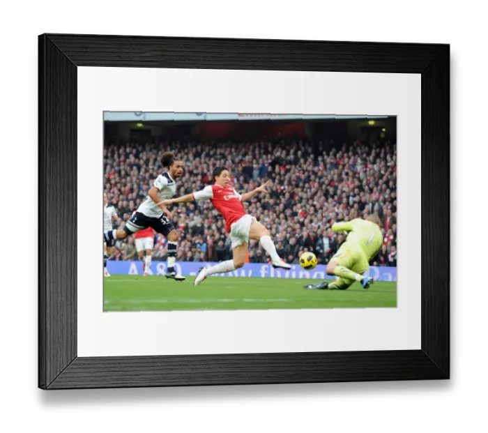 Framed Print : Samir Nasri knocks the ball past Heurelho Gomes (Tottenham) on his way to scoring Arsenals 1st goal. Arsenal 2: 3 Tottenham Hotspur. Baclays Premier League. Emirates Stadium, 20  /  11  /  10. Credit : Arsenal Football Club  / 