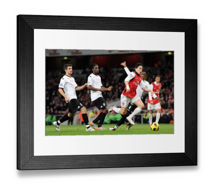 Framed Print : Samir Nasri beats Aaron Hughes, Dickson Etuhu and John Pantsil (Fulham) on his way to scoring his Framed Print : Samir Nasri beats Aaron Hughes, Dickson Etuhu and John Pantsil (Fulham) on his way to scoring his