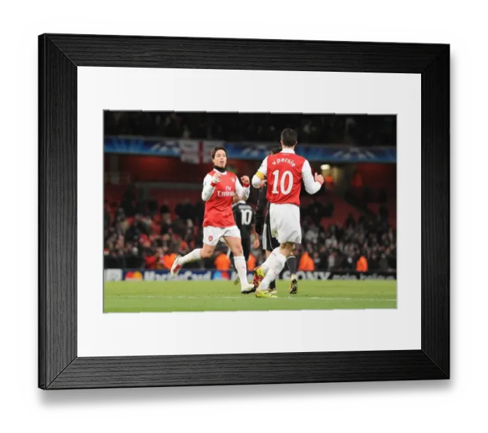 Framed Print : Arsenal's Nasri and van Persie Celebrate Third Goal Against Partizan Belgrade in the Champions League