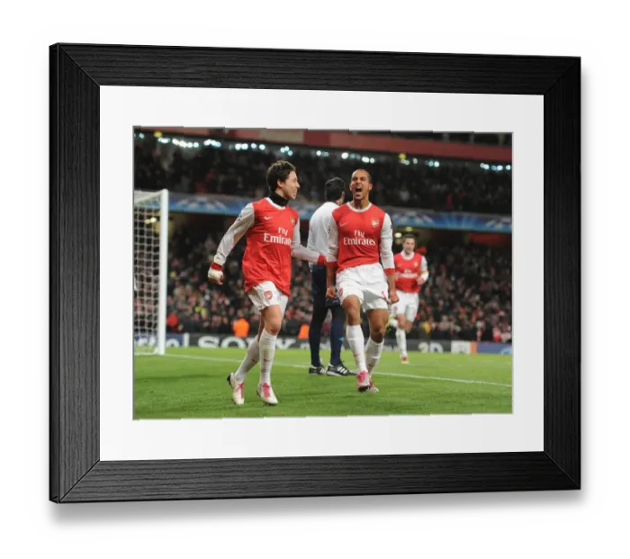 Framed Print : Arsenal's Unstoppable Duo: Walcott and Nasri Celebrate Goals in Arsenal's 3-1 UEFA Champions League Victory Framed Print : Arsenal's Unstoppable Duo: Walcott and Nasri Celebrate Goals in Arsenal's 3-1 UEFA Champions League Victory