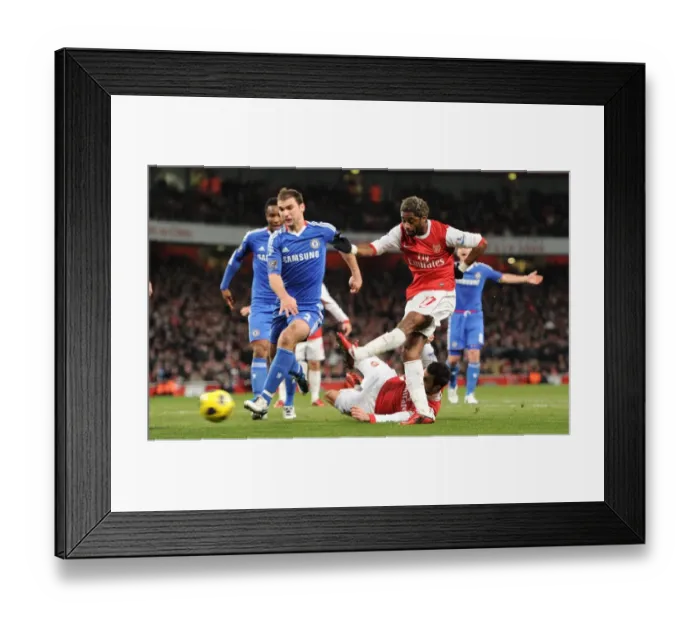 Framed Print : Alex Song scores Arsenals 1st goal under pressure from Branislav Ivanovic (Chelsea)