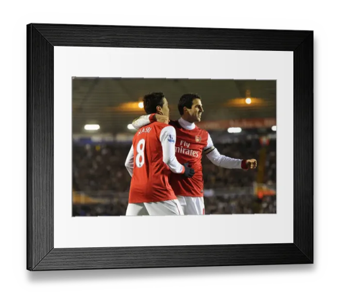 Framed Print : Celebrating Glory: Fabregas and Nasri's Unforgettable Moment as Arsenal Scores the Third Goal Against Birmingham City (1-3), Barclays Premier League, 2011 Framed Print : Celebrating Glory: Fabregas and Nasri's Unforgettable Moment as Arsenal Scores the Third Goal Against Birmingham City (1-3), Barclays Premier League, 2011