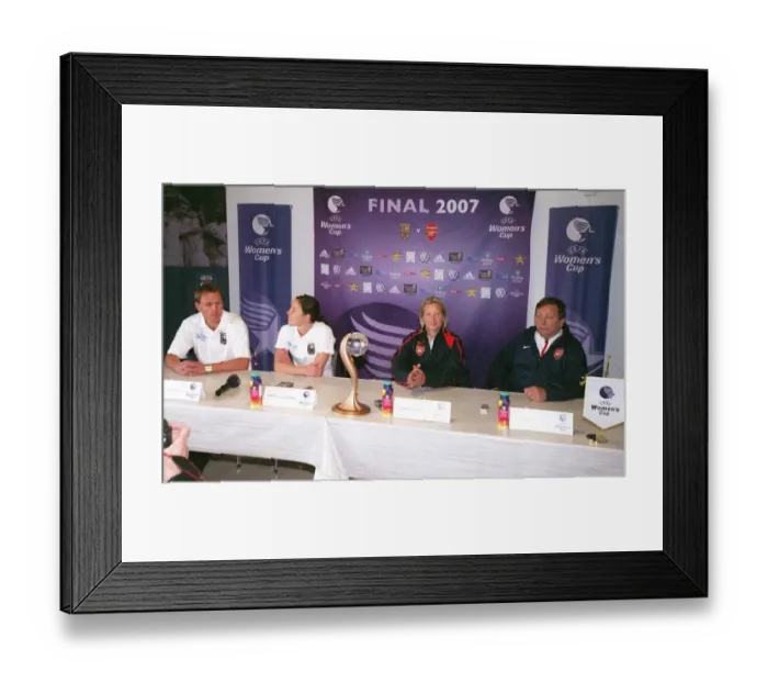 Framed Print : Jayne Ludlow and Vic Akers in the Pre match Press Conference with Andree Jeglertz