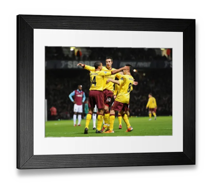 Framed Print : Robin van Persie celebrates scoring his 1st goal with Theo Walcott and Samir Nasri Framed Print : Robin van Persie celebrates scoring his 1st goal with Theo Walcott and Samir Nasri