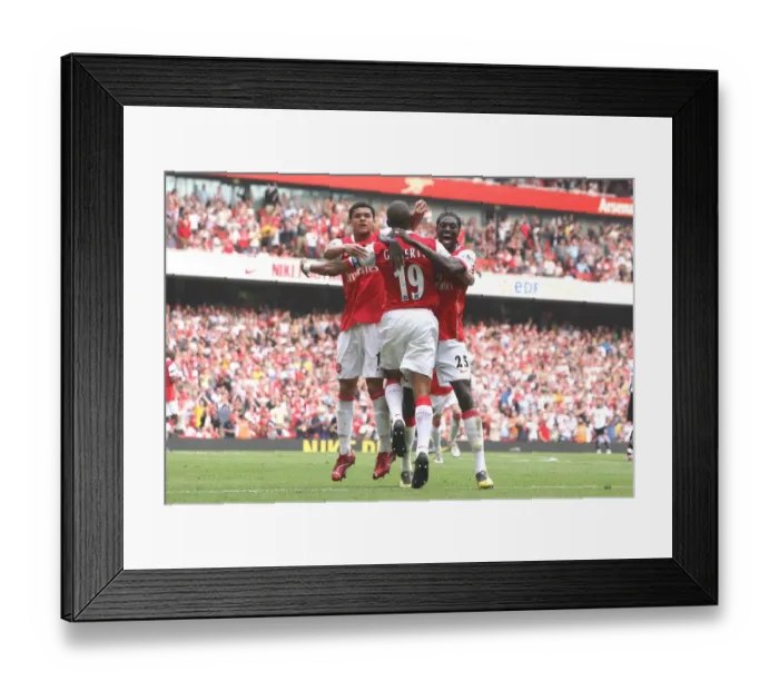 Framed Print : Gilberto scoring the 3rd Arsenal goal with Denilson and Emmanuel Adebayor