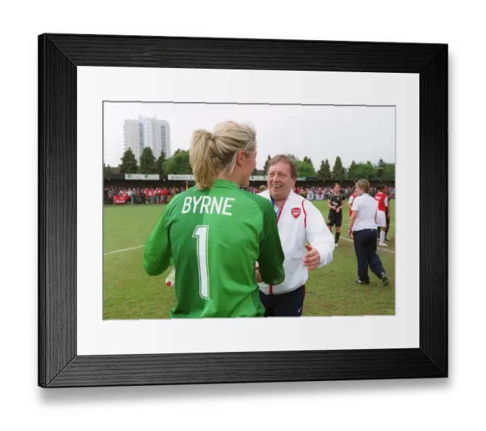 Framed Print : Emma Byrne (Arsenal) and Vic Akers Arsenal Manager celebrate at the end of the match Framed Print : Emma Byrne (Arsenal) and Vic Akers Arsenal Manager celebrate at the end of the match
