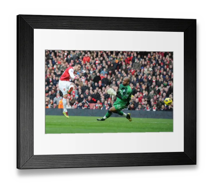 Framed Print : Robin van Persie shoots past Wigan goalkeeper Ali Al Habsi to score the 1st Arsenal goal Framed Print : Robin van Persie shoots past Wigan goalkeeper Ali Al Habsi to score the 1st Arsenal goal