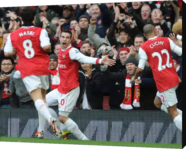 Robin van Persie celebrates scoring the 1st Arsenal goal with Gael Clichy and Samir Nasri