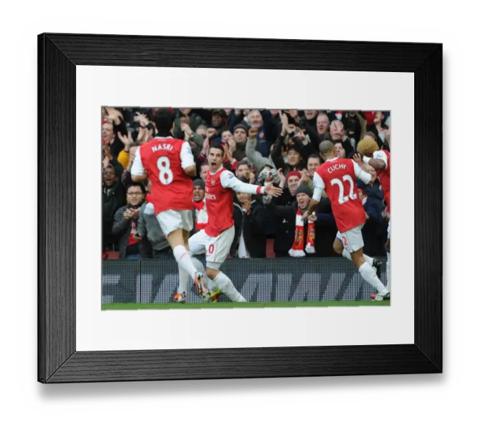 Framed Print : Robin van Persie celebrates scoring the 1st Arsenal goal with Gael Clichy and Samir Nasri
