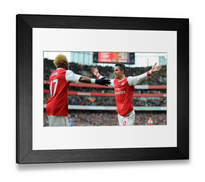 Framed Print : Robin van Persie and Alex Song: Arsenal's Unstoppable Duo Score First Goals in 3:0 Victory over Wigan Athletic