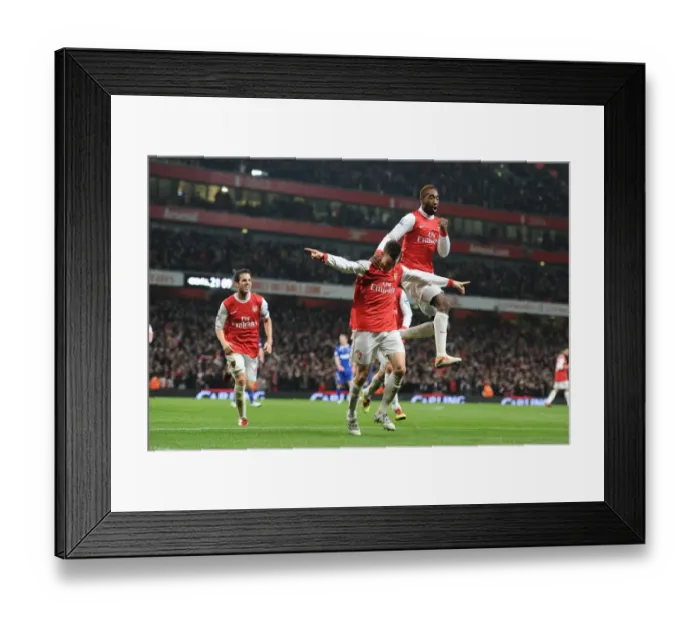 Framed Print : Arsenal's Koscielny, Djourou, and Fabregas Celebrate Second Goal in Carling Cup Semi-Final Victory