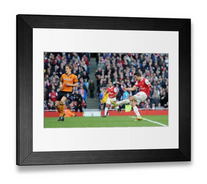 Framed Print : Robin van Persie's Pressured Strike: Arsenal's Decisive Goal (2-0) vs. Wolverhampton Wanderers (2011)