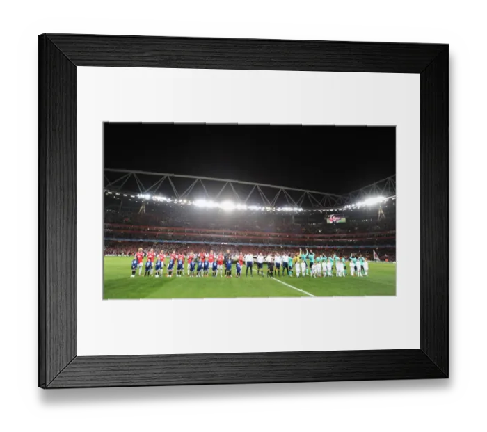 Framed Print : Arsenal and Barcelona line up before the match. Arsenal 2: 1 Barcelona, UEFA Champions League