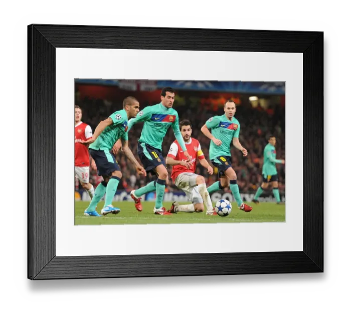 Framed Print : Cesc Fabregas (Arsenal) Daniel Alves, Sergio Busquets and Andres Iniesta (Barcelona) Framed Print : Cesc Fabregas (Arsenal) Daniel Alves, Sergio Busquets and Andres Iniesta (Barcelona)