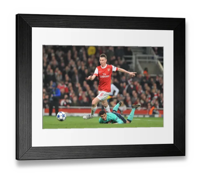Framed Print : Arsenal's Koscielny Scores Against Barcelona's Pedro in 2011 Champions League Clash at Emirates Stadium