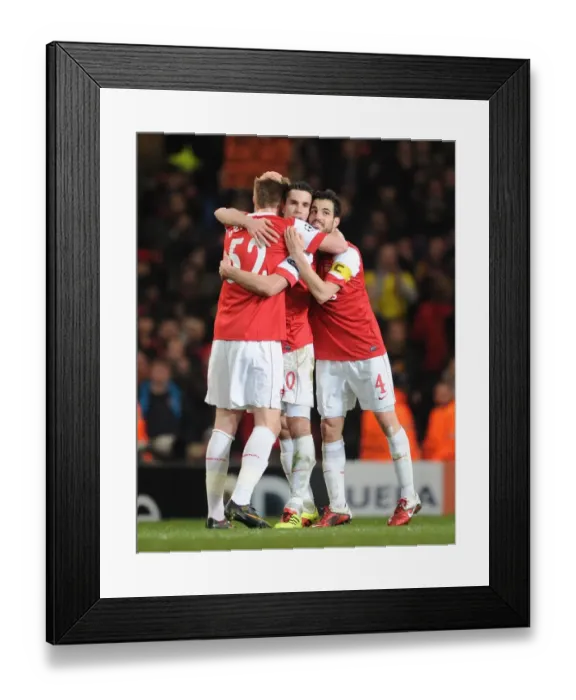Framed Print : Robin van Persie, Nicklas Bendtner and Cesc Fabregas (Arsenal) celebrate at the end of the match Framed Print : Robin van Persie, Nicklas Bendtner and Cesc Fabregas (Arsenal) celebrate at the end of the match