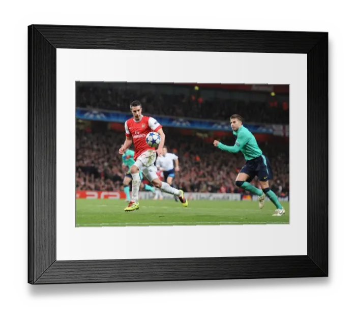 Framed Print : Robin van Persie breaks past Barcelona defender Gerard Pique to score the 1st Arsenal goal Framed Print : Robin van Persie breaks past Barcelona defender Gerard Pique to score the 1st Arsenal goal